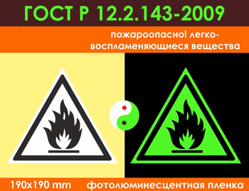 W01 пожароопасно! легковоспламеняющиеся вещества (фотолюминесцентная пленкаГОСТ 34428-2018, 200х200 мм) - Знаки безопасности - Фотолюминесцентные знаки - Магазин охраны труда ohranatruda-shop.ru